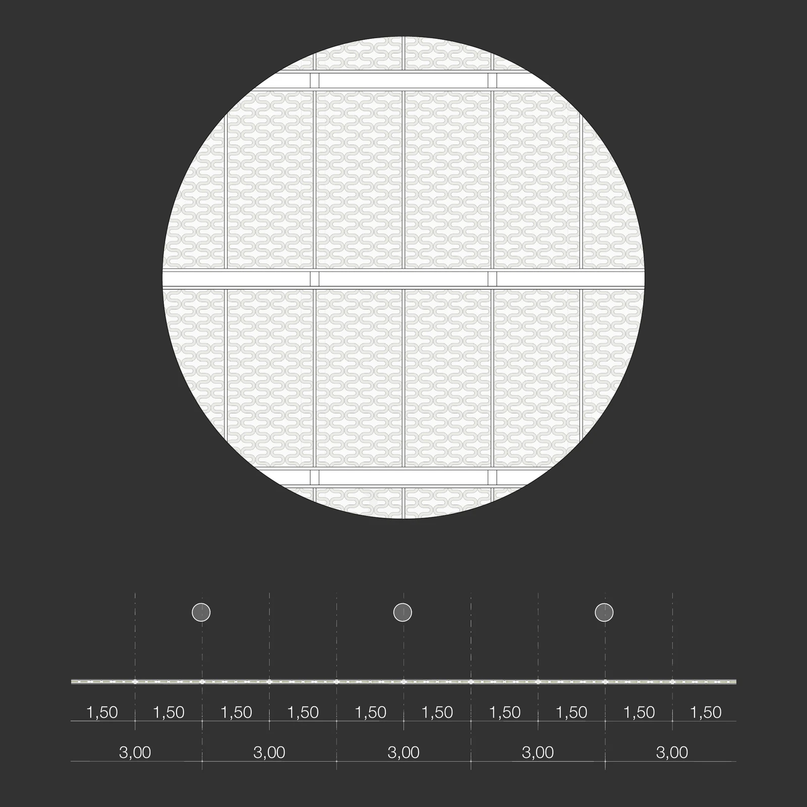 Elevation of the façade with serpentine tube pattern and plan with the dimensions 1.50 and 3.00