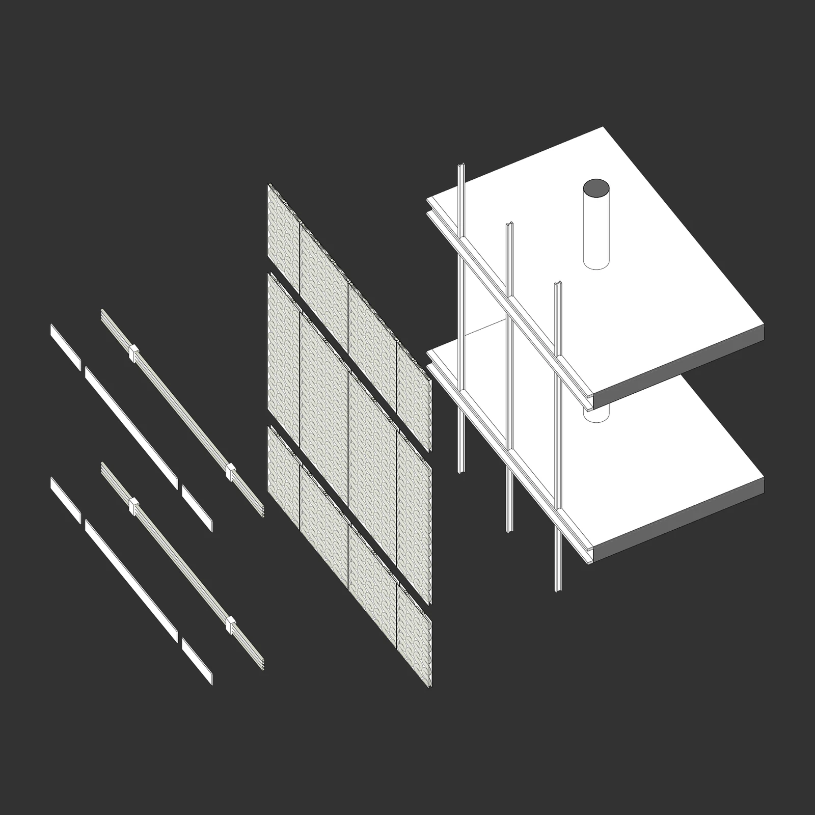 Axonometric view of the system: mullion-and-transom system of bioplastic, pipes for supply and removal, bioplastic cover panel and façade element with microalgae liquid at two floor slabs