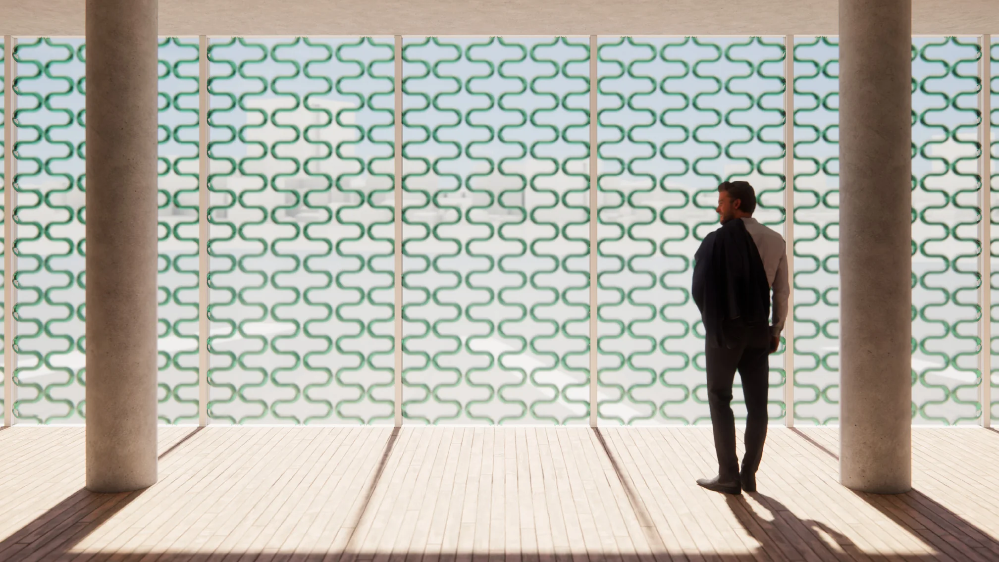 Interior view: a person stands in a hall with two columns in front of the façade of glass tubes with microalgae, light falling through the green tube pattern
