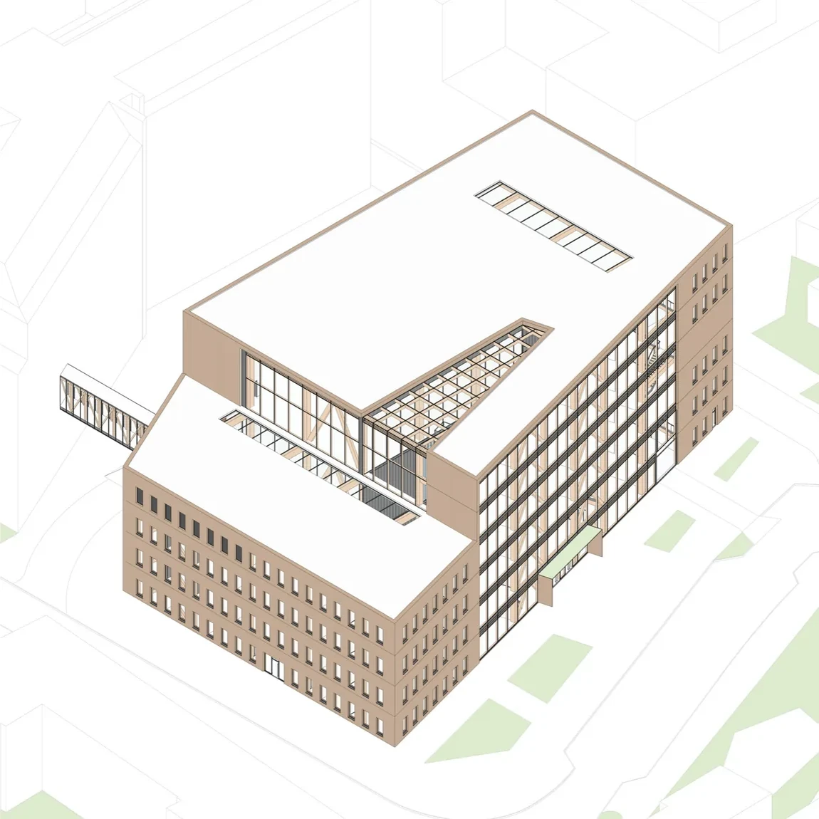 Axonometric view of greenCONTI with timber facade, glass facade and skylights