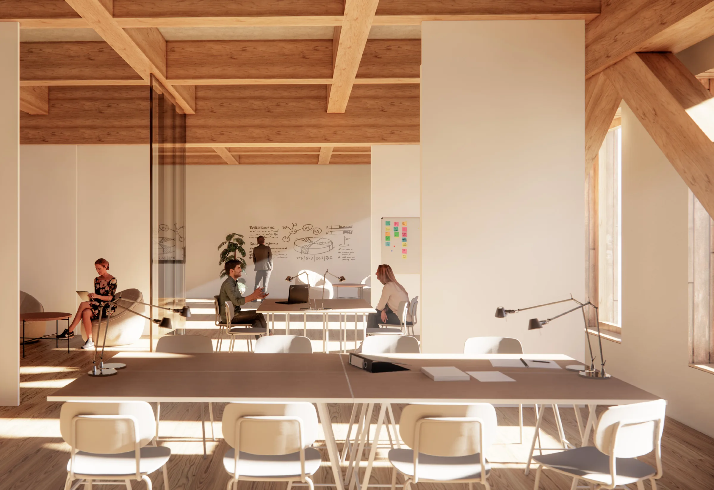Open working space with exposed timber structure