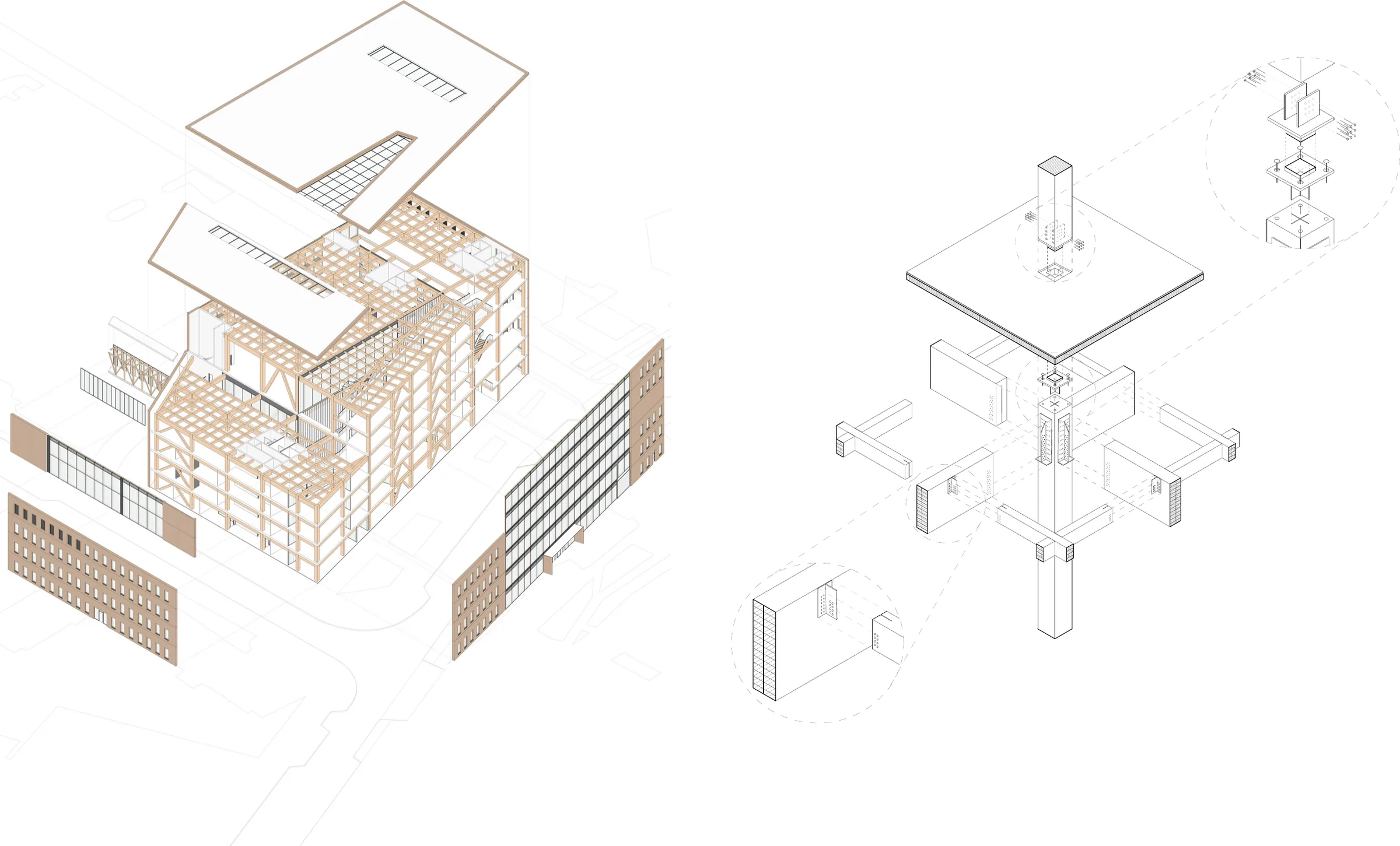 Exploded axonometric of the timber structure and a joint detail