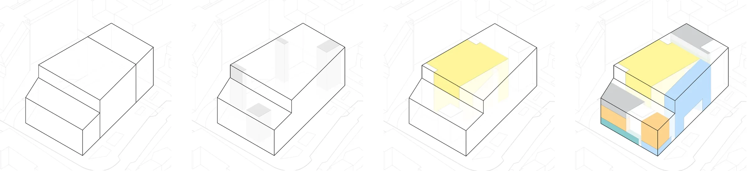 Four concept diagrams of the massing development