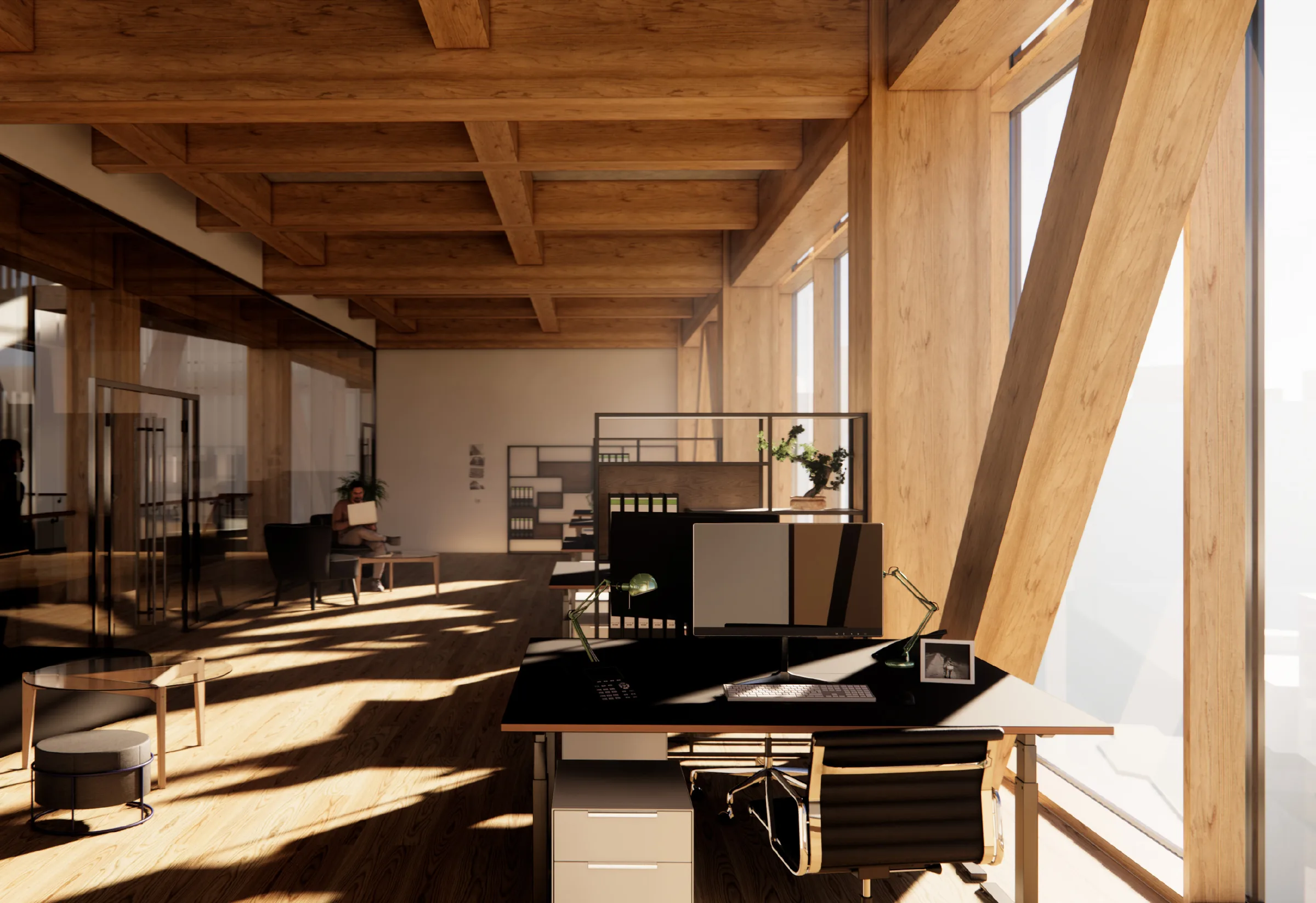 Working area with timber beams and inclined columns