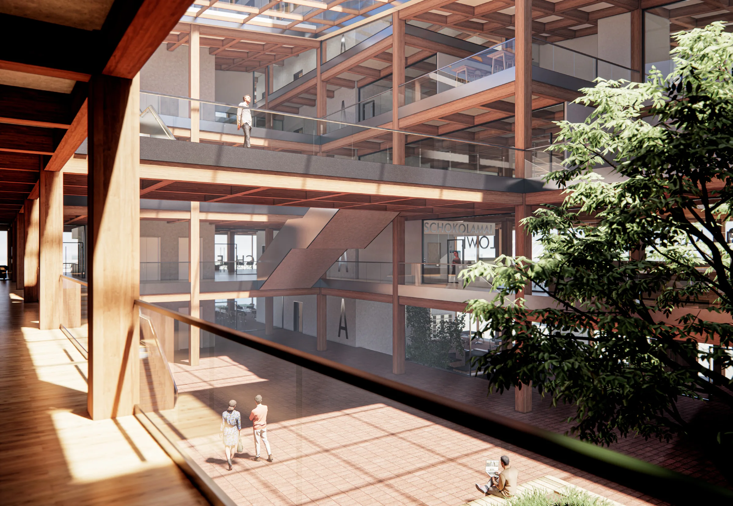 Atrium with timber structure, galleries and stair