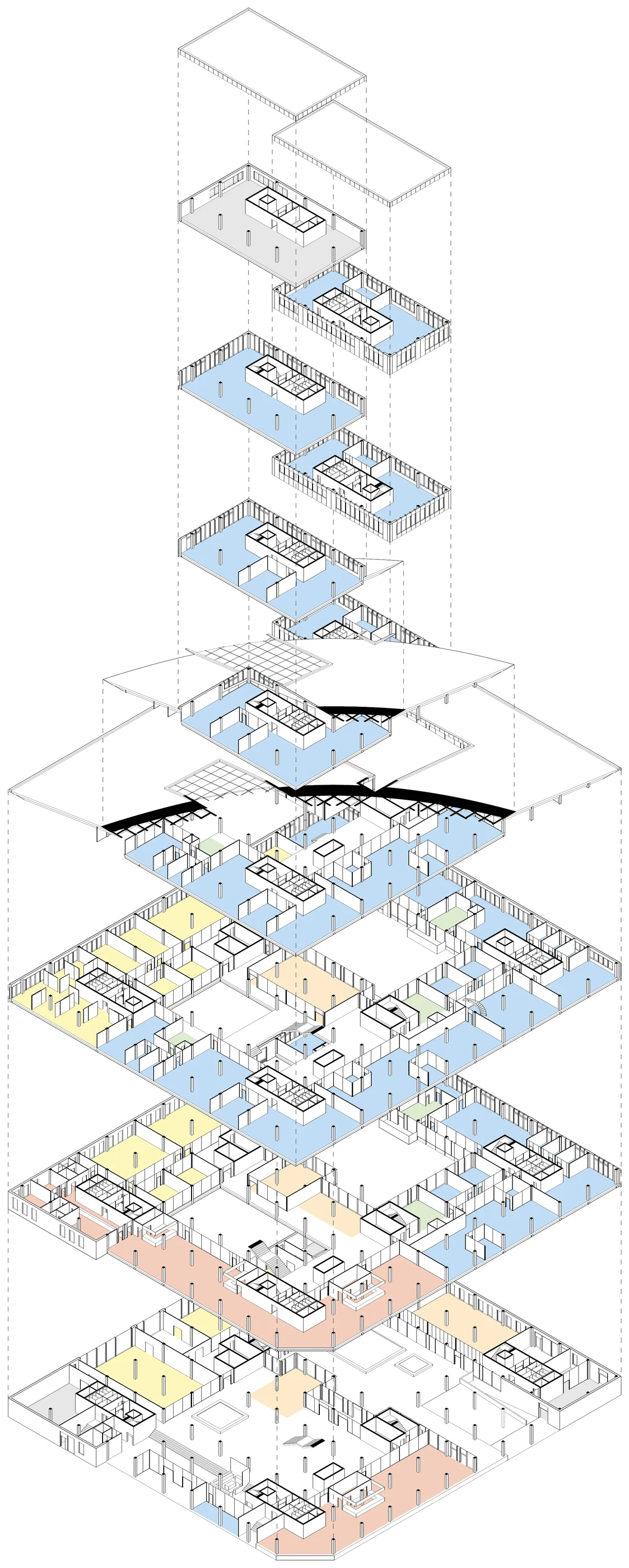 Exploded isometric of the stacked floors with the uses marked in colour