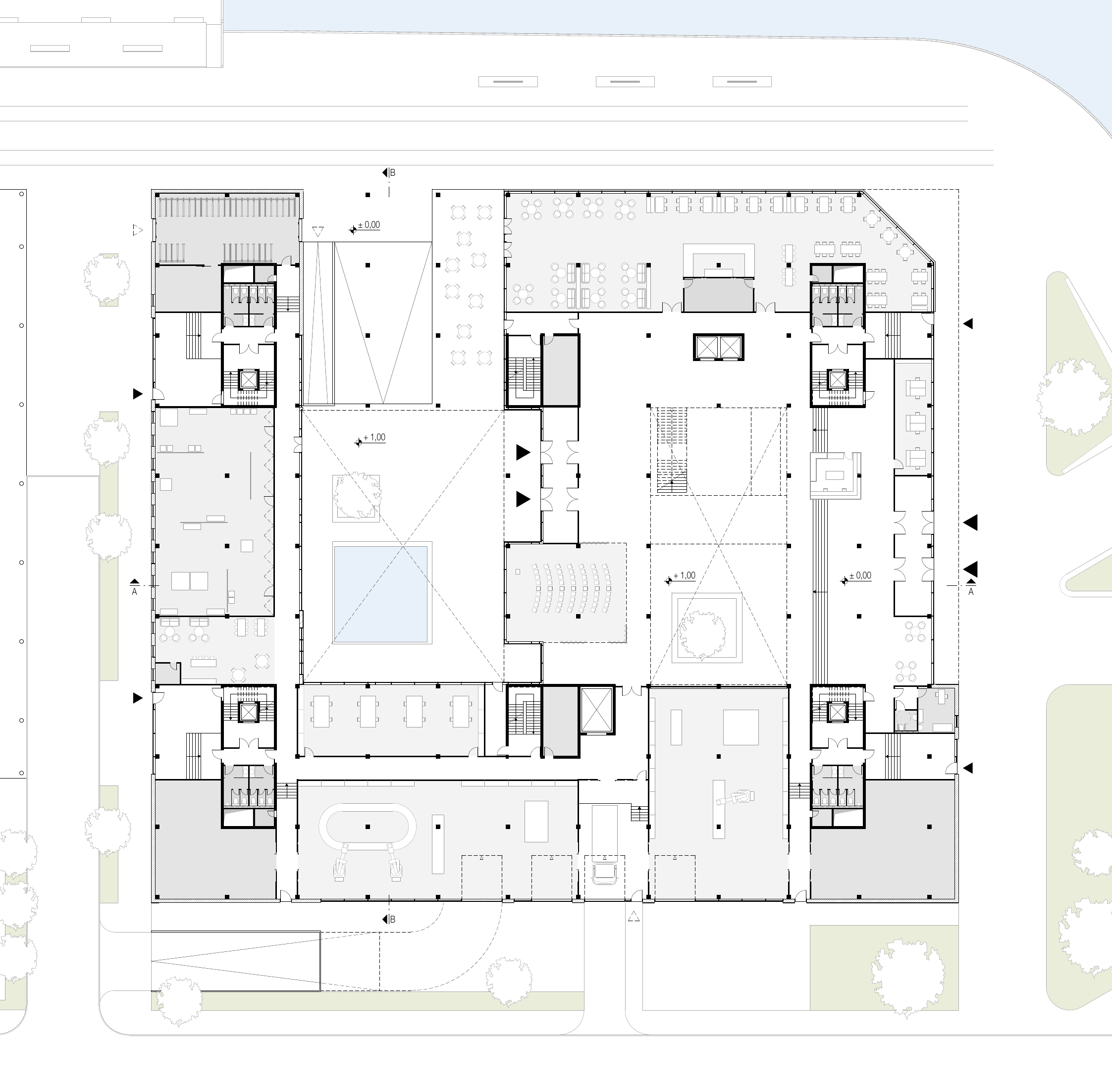 Ground floor plan with courtyard, atrium and surrounding site