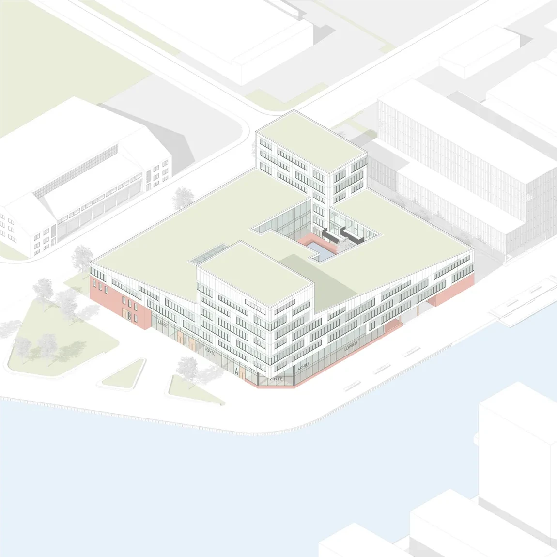 Isometric view of the Hafentor with high points and courtyard by the water