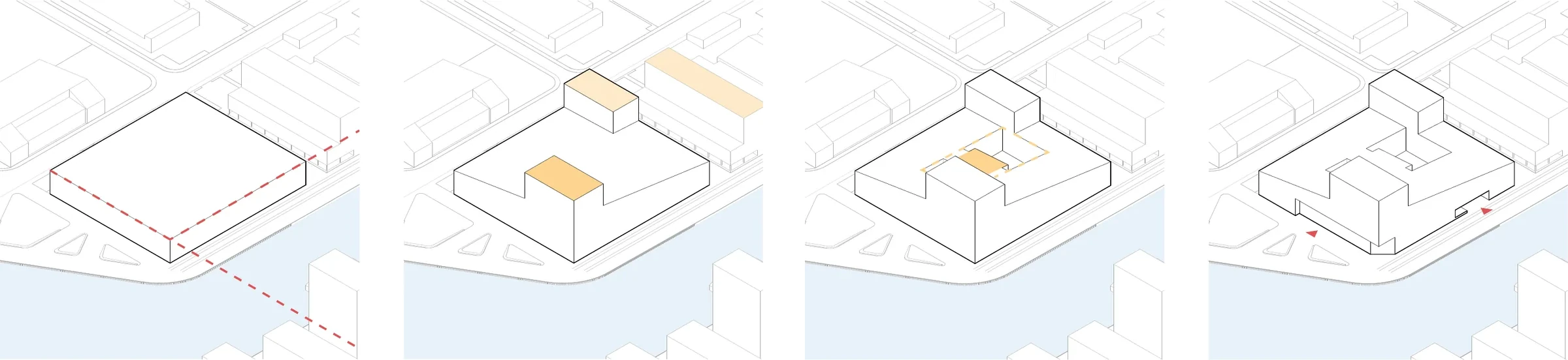 Four concept diagrams of the massing development